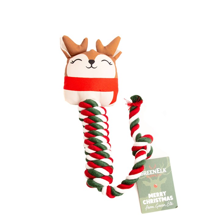 Green Elk Christmas Reindeer with Rope Dog Toy