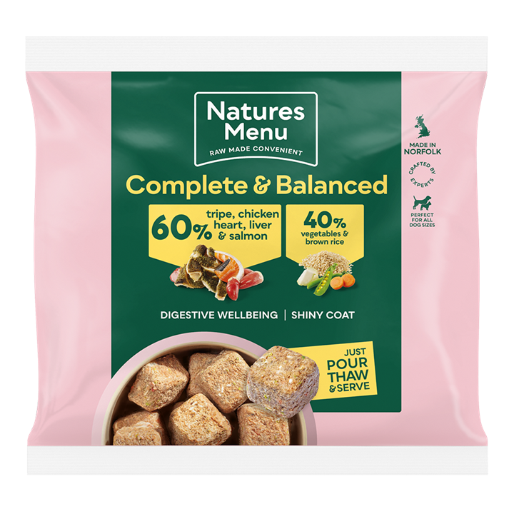 Natures Menu 60/40 Tripe, Chicken Heart, Liver & Salmon Nuggets 1kg Raw Dog Food